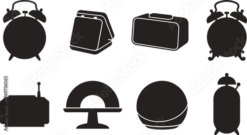 Set of black silhouettes of modern and classic alarm clocks and tabletop timepieces