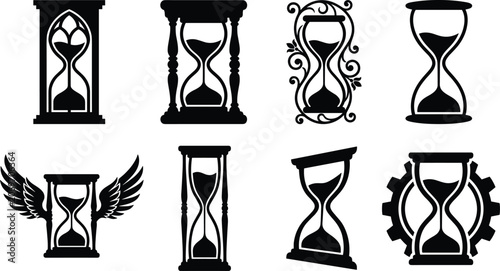 Set of black silhouettes of hourglasses and decorative sand timers representing time and aging