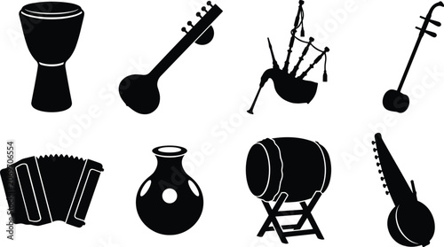 Set of black silhouettes of traditional musical instruments from various cultures worldwide isolated on white