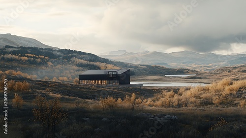 Modern minimalist black house standing isolated in a vast autumn mountain landscape with a calm lake and cloudy sky background