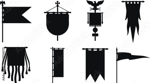 Set of black silhouettes of vintage medieval flags, heraldic banners, and ceremonial pennants