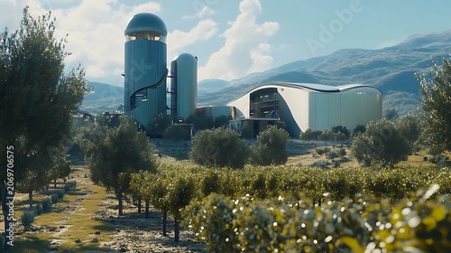 Modern industrial facility located in a rural landscape with green trees and mountains under a bright sunny blue sky