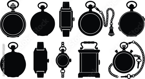 Set of black silhouettes of vintage pocket watches, wristwatches, and antique timepieces
