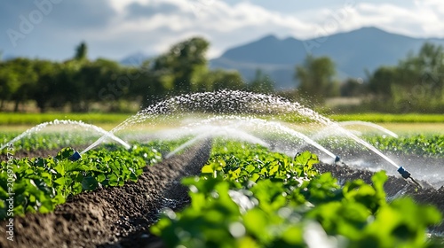Agricultural irrigation system watering green vegetable crops in a large organic farm field under a bright sunny summer sky
