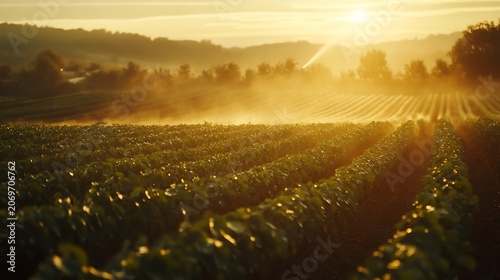 Agricultural field with rows of green crops growing under a warm golden sunset light in a vast rural landscape