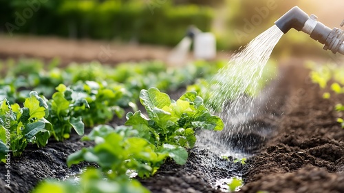 Watering fresh green lettuce plants in a cultivated farm field using a modern irrigation sprinkler system at golden hour sunset