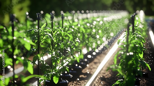 Agricultural irrigation system watering green tomato plants in a sunny field with bright bokeh light and droplets of refreshing water
