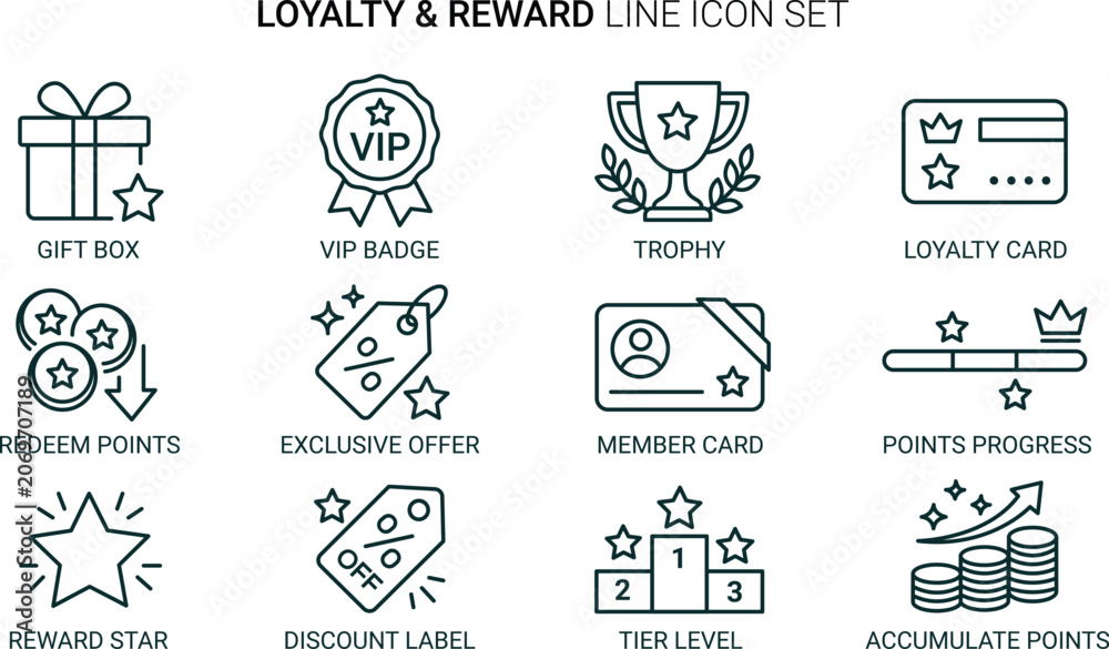 Fototapeta premium Customer loyalty and reward line icon set for membership programs and business marketing benefits