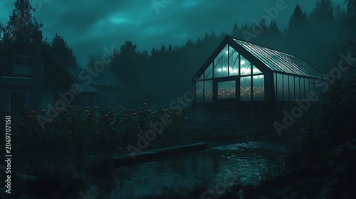 Glass greenhouse glowing with warm interior lights in a dark misty garden surrounded by forest trees during a cold night