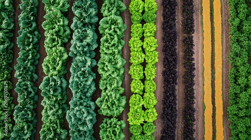 Vegetable farm fields showing rows of colorful green lettuce, purple cabbage, and yellow marigold flowers from an aerial perspective view
