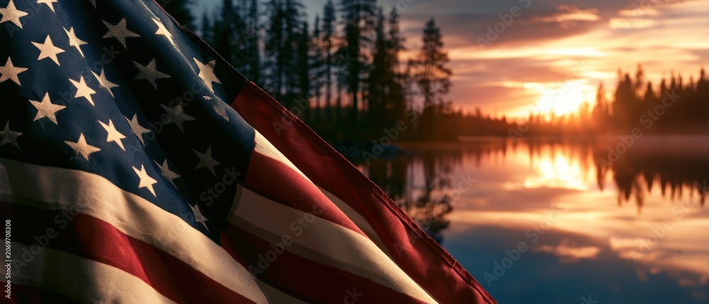 Fototapeta premium American flag waving at sunrise over serene lake