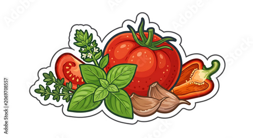 Fresh tomato with basil garlic and pepper for Italian cuisine preparation in natural light