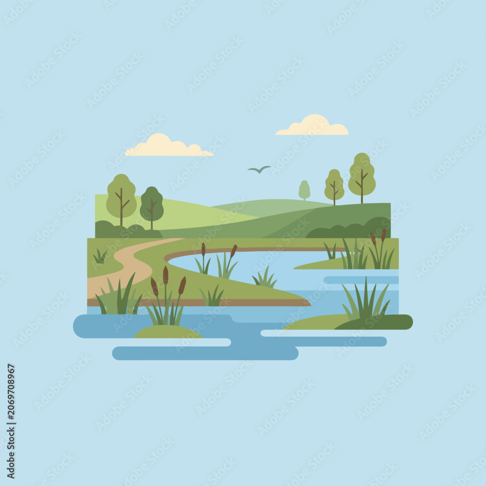 Obraz premium A peaceful flat vector landscape with a lake