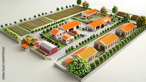 Isometric farm complex with orange roof houses agricultural fields and green trees in a detailed miniature architectural style model design