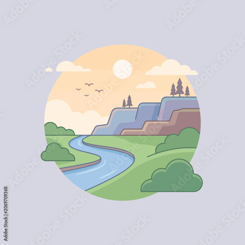 A peaceful river flows through a scenic mountain valley