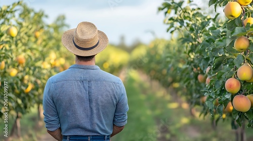 Farmer wearing straw hat looking at ripe yellow apples in a lush green orchard on a bright sunny summer day