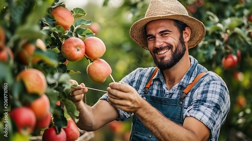 Smiling male farmer harvesting fresh red apples in a sunny orchard wearing a straw hat and blue denim overalls