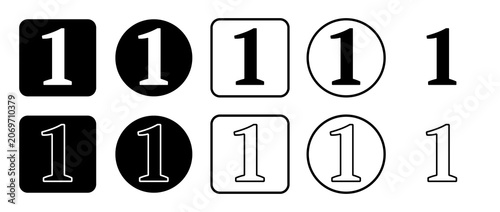 Icon set of number one symbol. Filled, outline, black and white icons set, flat style.  Illustration on transparent background