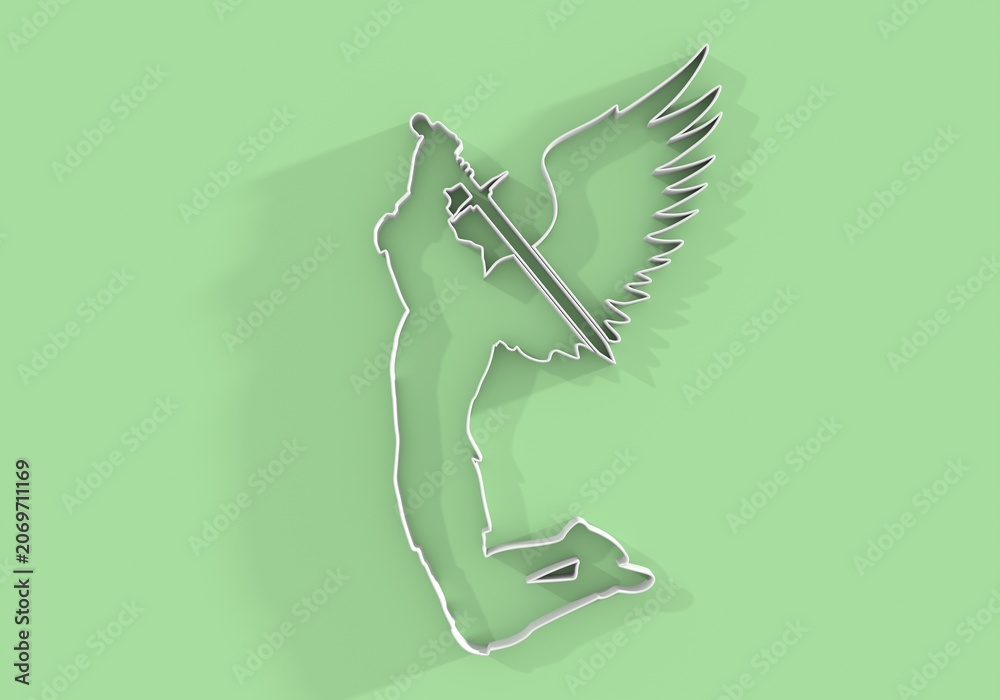 Fototapeta premium Fantasy man angel warrior with wings. Warlike character. A fantasy character is a knight of light. 3D render