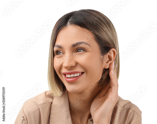 Happy young woman with shor...