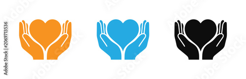Hands holding icon  heart shapes in orange blue and black colors for charity love and care concepts vector illustration .