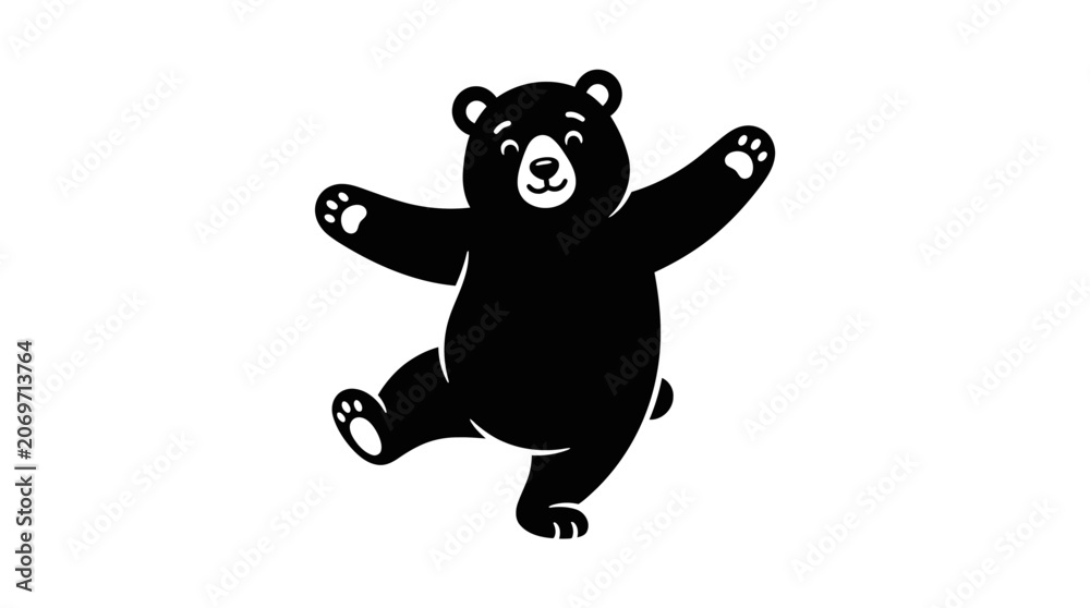 Naklejka premium A cheerful bear dances playfully in a peaceful natural landscape with a waterfall and rainbow