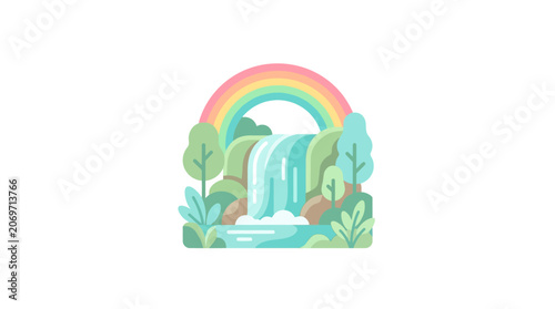 Cuadro en lienzo A serene waterfall cascades gently under a vibrant rainbow surrounded by lush foliage in a natural landscape