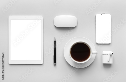 Cup of coffee, tablet compu...