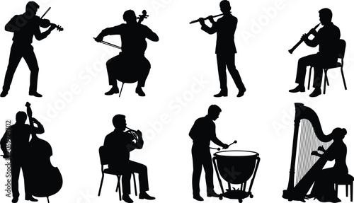 Cuadro en lienzo Orchestral Musicians Silhouette Collection with Classical Instruments and Perfor