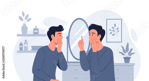 Man examining reflection in mirror, personal care, self-awareness concept