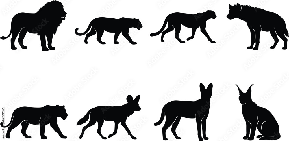 Fototapeta premium Wild Cat and Canid Silhouette Collection with Big Cats and Wild Dogs