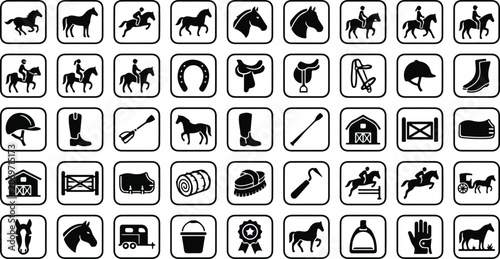 Bild auf Leinwand Horse riding and equestrian sports icon set in black and white