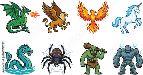 Fotografia Fantasy mythical creatures and game monsters vector icon set isolated on white b