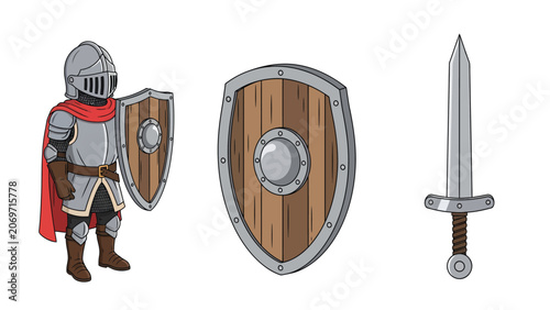 Cartoon medieval knight in armor with sword and shield, isolated on white background.
