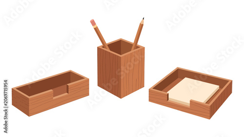 Wooden desk organizer set with pencil holder, letter tray, and sticky note holder.