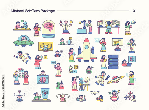 Minimal science and technology character collection featuring AI, robotics, space exploration, biotechnology, automation, and futuristic innovation.