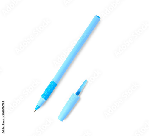 Blue pen with cap on white ...