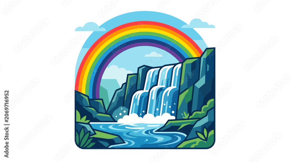 Naklejka premium A vibrant rainbow arches over a majestic waterfall surrounded by lush greenery and a serene natural landscape.