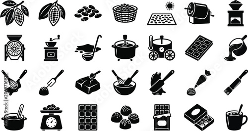 Bild auf Leinwand Cocoa production and chocolate making process icons set
