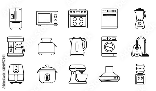 Kitchen and home appliance line icon set with refrigerator oven blender microwave and household equipment symbols