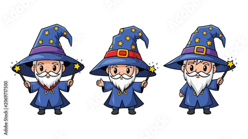 Three cartoon wizards with beards and magic wands casting spells with stars on their hats.