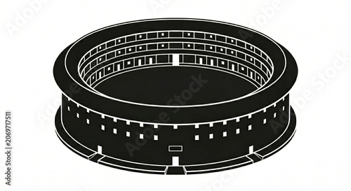 A silhouette of a Hakka tulou (circular earth building), isolated against a plain white background