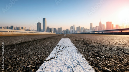 Low Angle View of Urban Roadway with City Skyline in Background at Sunset