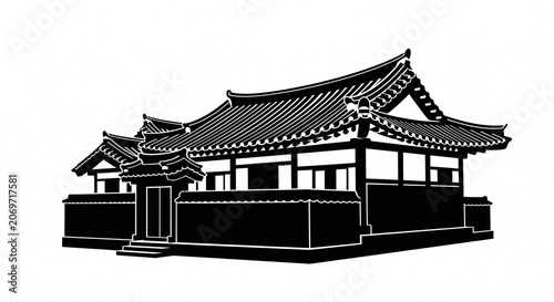 A silhouette of a brick and tile house with a front yard, isolated against a plain white background