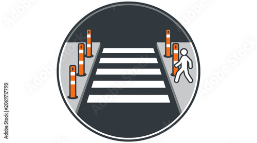Pedestrian crossing icon with safety bollards in a circular frame.