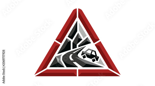 Road hazard warning sign with car and winding road.