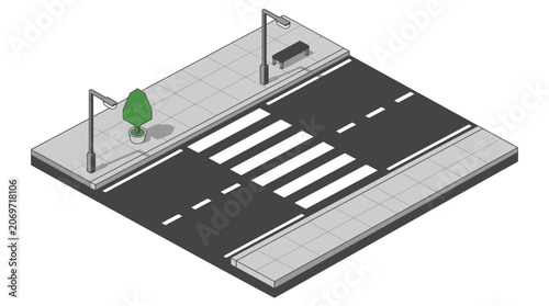Isometric city street section with crosswalk and sidewalk.