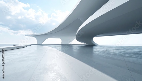 Modern architectural design, futuristic building, sleek curves, bright sky, contemporary structure