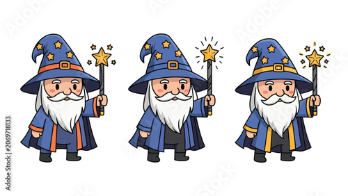 Three cartoon wizards with stars on their hats and holding magic wands with stars.