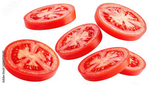 Floating, sliced red tomatoes, juicy inside